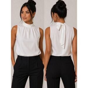 H&M White Sleeveless Blouse Tie Neck Mock Neck Minimalist Coquette Chic Size 4